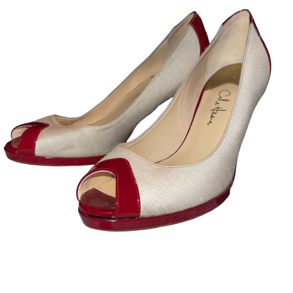 Cole Haan Nami Air Open Toe Pumps Women’s Size 7B Red And Beige 3.5” Heel EUC - Picture 3 of 10